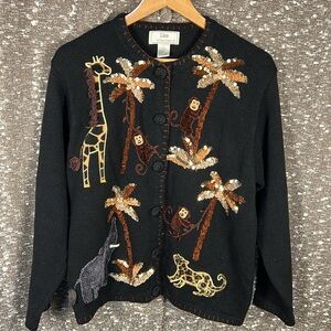 Lisa International Vintage‎ Sweater Button Front Wildlife Embroidered